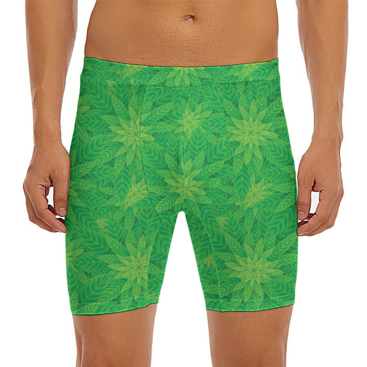Green Cannabis Leaf Pattern Print Men's Long Boxer Briefs