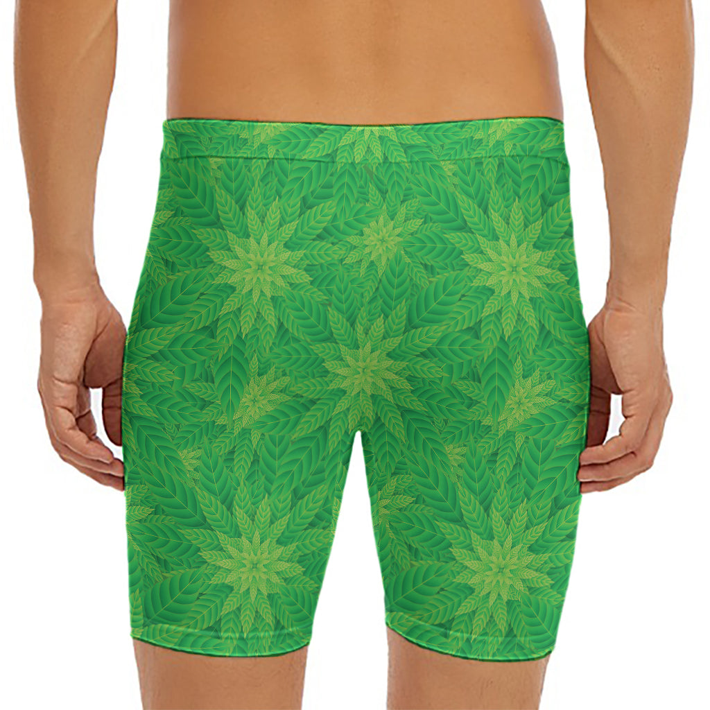 Green Cannabis Leaf Pattern Print Men's Long Boxer Briefs