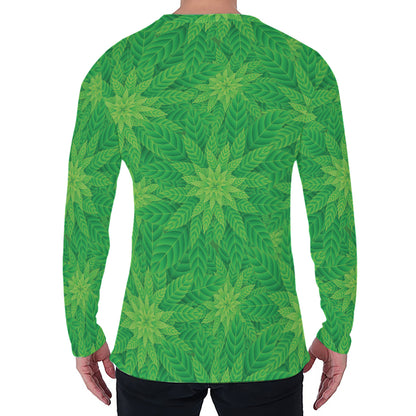 Green Cannabis Leaf Pattern Print Men's Long Sleeve T-Shirt