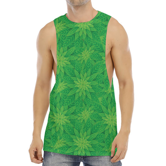 Green Cannabis Leaf Pattern Print Men's Muscle Tank Top