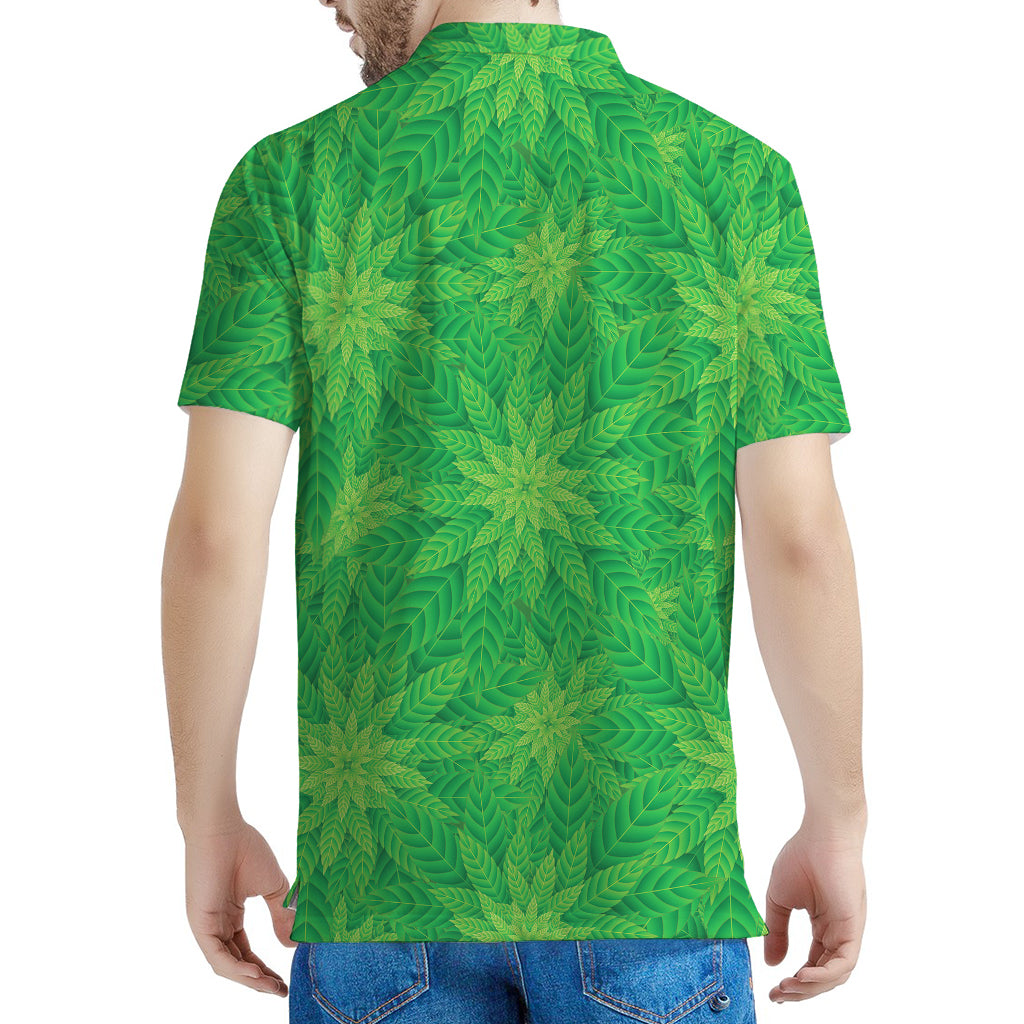 Green Cannabis Leaf Pattern Print Men's Polo Shirt