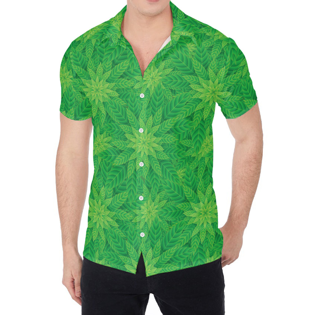 Green Cannabis Leaf Pattern Print Men's Shirt