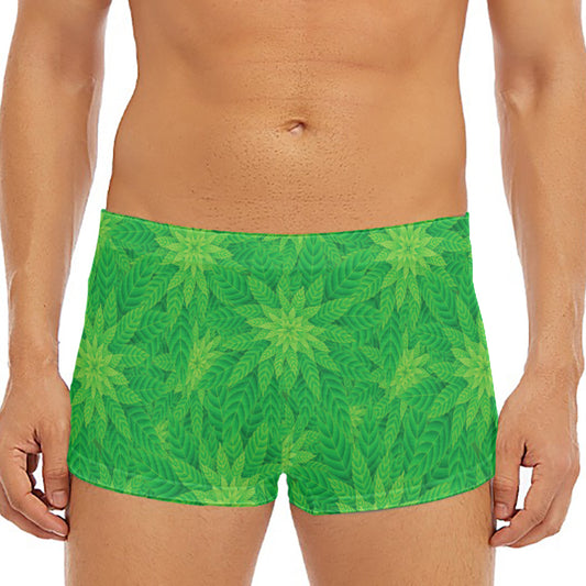 Green Cannabis Leaf Pattern Print Men's Short Boxer Briefs