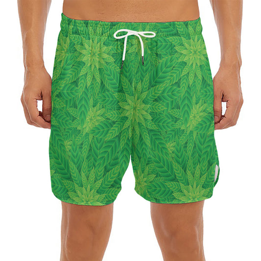 Green Cannabis Leaf Pattern Print Men's Split Running Shorts