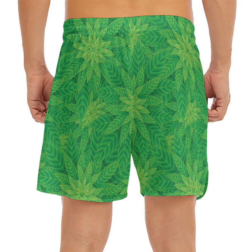 Green Cannabis Leaf Pattern Print Men's Split Running Shorts