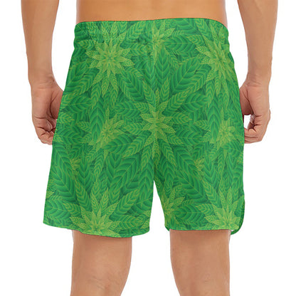 Green Cannabis Leaf Pattern Print Men's Split Running Shorts