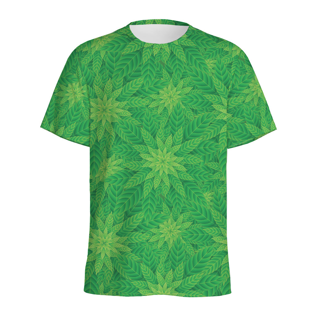Green Cannabis Leaf Pattern Print Men's Sports T-Shirt