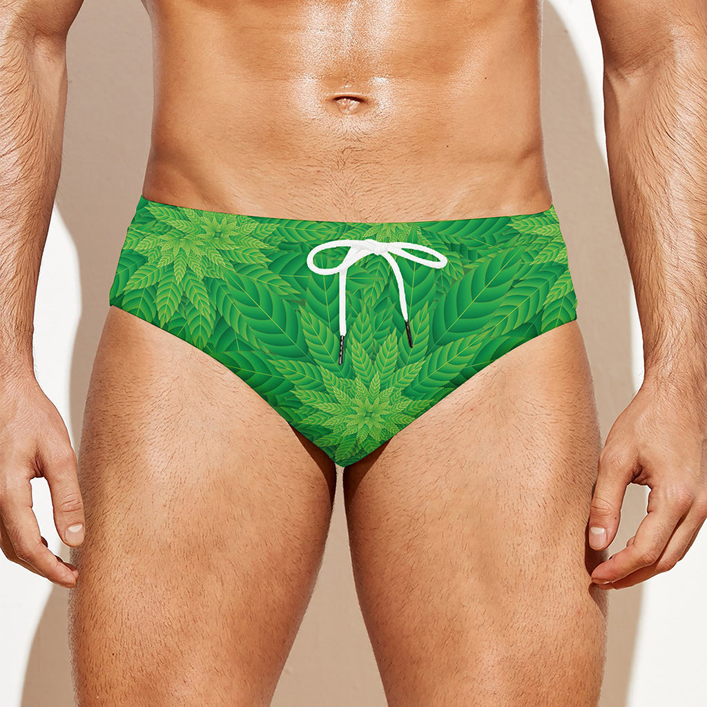 Green Cannabis Leaf Pattern Print Men's Swim Briefs