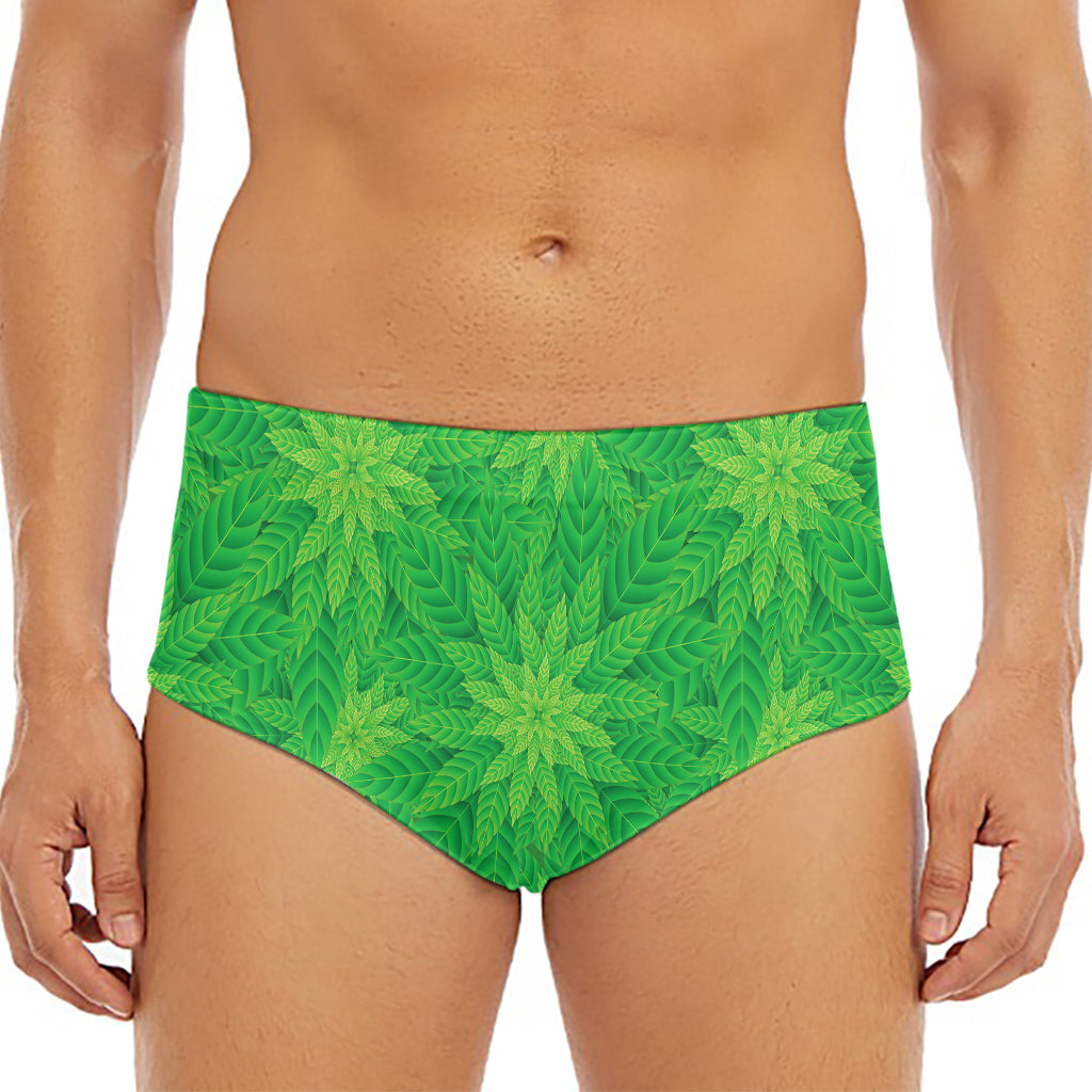 Green Cannabis Leaf Pattern Print Men's Triangle Swim Briefs