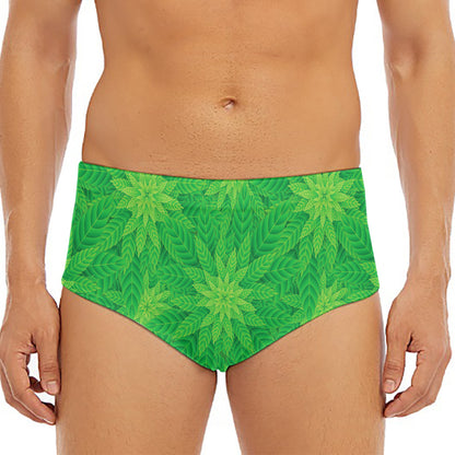 Green Cannabis Leaf Pattern Print Men's Triangle Swim Briefs