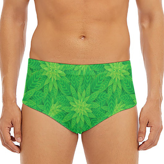Green Cannabis Leaf Pattern Print Men's Triangle Swim Briefs