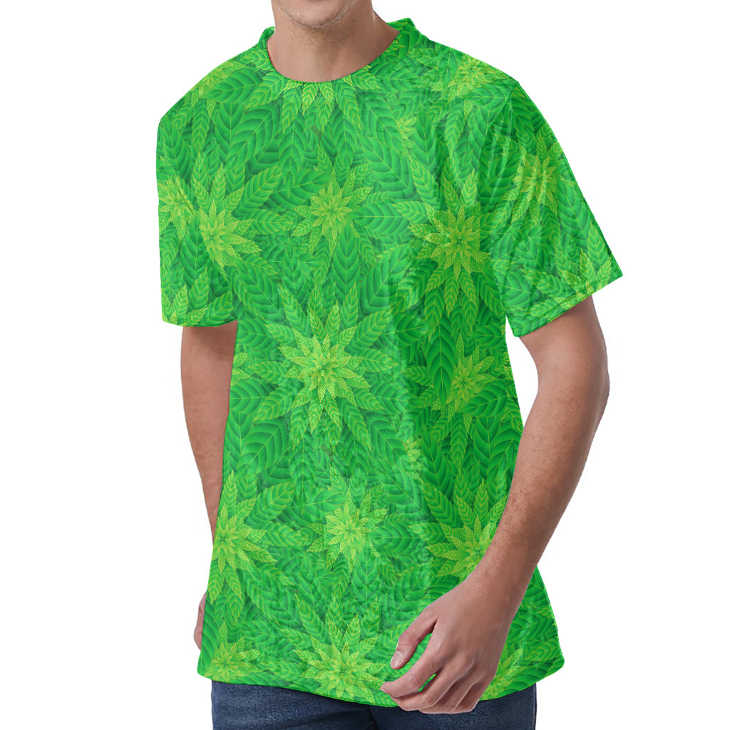 Green Cannabis Leaf Pattern Print Men's Velvet T-Shirt