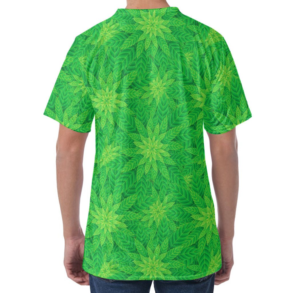 Green Cannabis Leaf Pattern Print Men's Velvet T-Shirt
