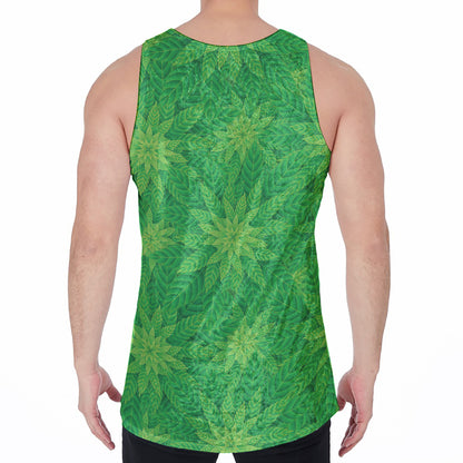 Green Cannabis Leaf Pattern Print Men's Velvet Tank Top