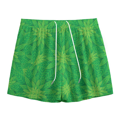 Green Cannabis Leaf Pattern Print Mesh Shorts
