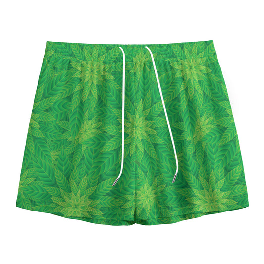 Green Cannabis Leaf Pattern Print Mesh Shorts