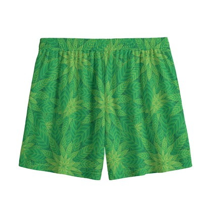 Green Cannabis Leaf Pattern Print Mesh Shorts