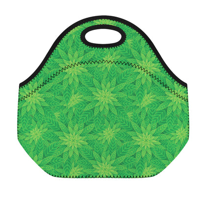 Green Cannabis Leaf Pattern Print Neoprene Lunch Bag