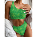 Green Cannabis Leaf Pattern Print One Shoulder Bikini Set
