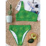 Green Cannabis Leaf Pattern Print One Shoulder Bikini Top