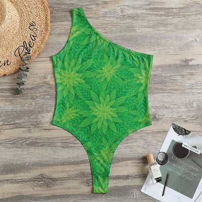 Green Cannabis Leaf Pattern Print One Shoulder Bodysuit