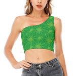 Green Cannabis Leaf Pattern Print One Shoulder Crop Top