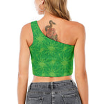 Green Cannabis Leaf Pattern Print One Shoulder Crop Top