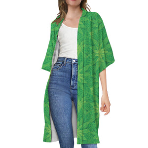 Green Cannabis Leaf Pattern Print Open Front Beach Cover Up