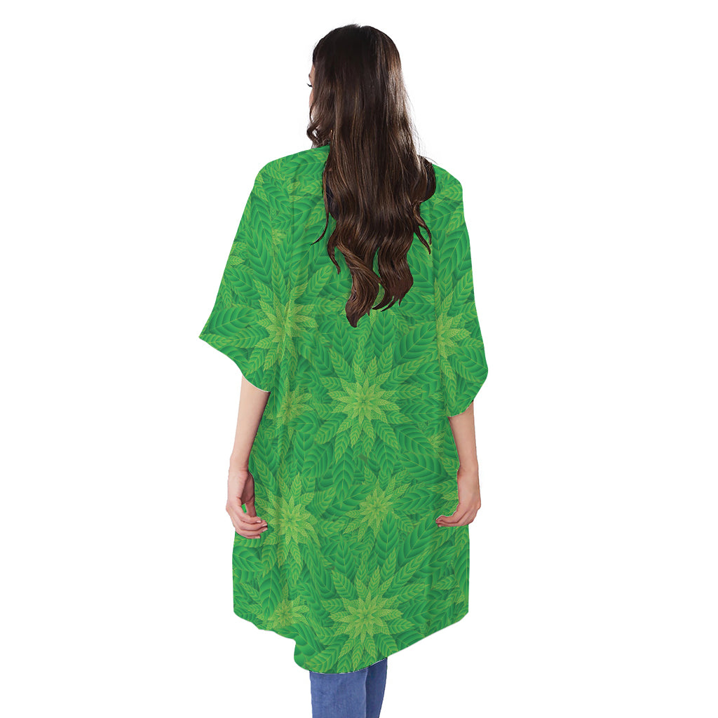 Green Cannabis Leaf Pattern Print Open Front Beach Cover Up