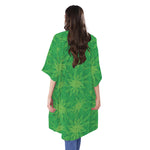 Green Cannabis Leaf Pattern Print Open Front Beach Cover Up