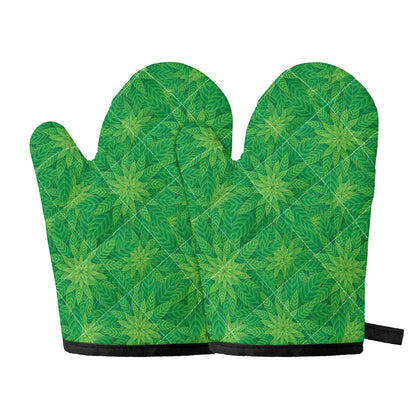 Green Cannabis Leaf Pattern Print Oven Mitts