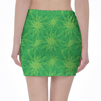 Green Cannabis Leaf Pattern Print Pencil Mini Skirt
