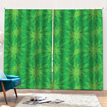 Green Cannabis Leaf Pattern Print Pencil Pleat Curtains
