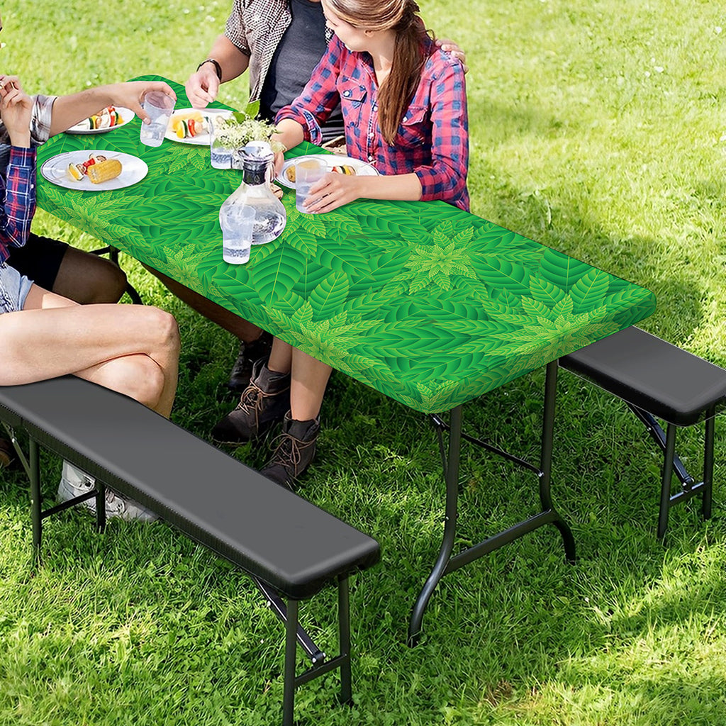 Green Cannabis Leaf Pattern Print Picnic Table Cover