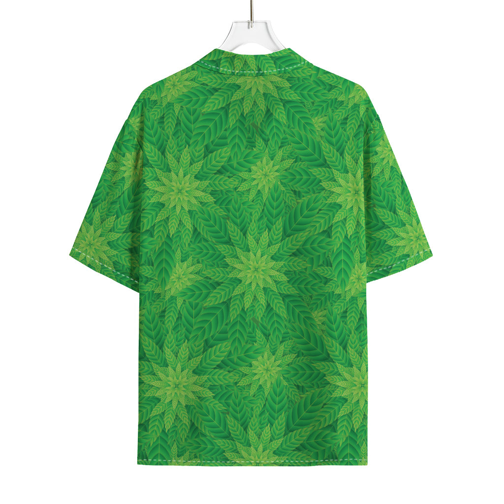 Green Cannabis Leaf Pattern Print Rayon Hawaiian Shirt
