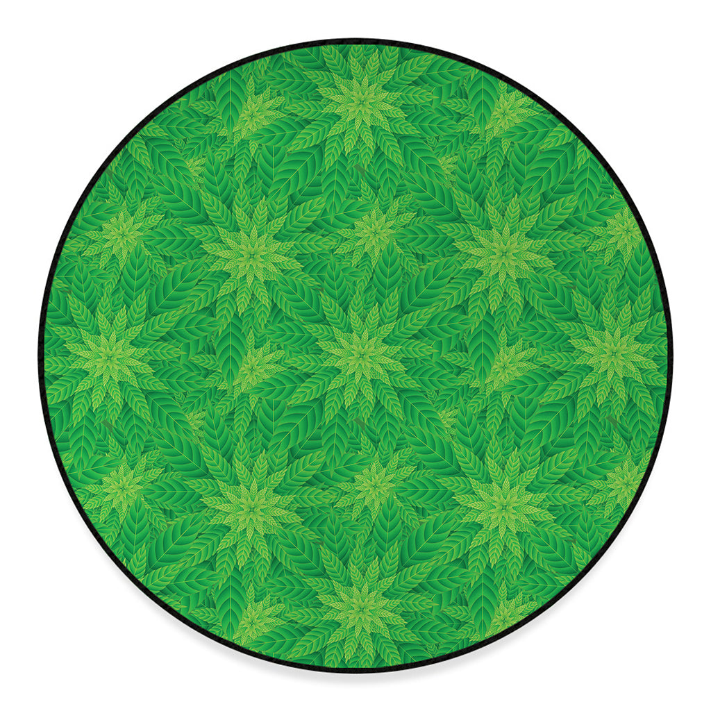 Green Cannabis Leaf Pattern Print Round Floor Mat
