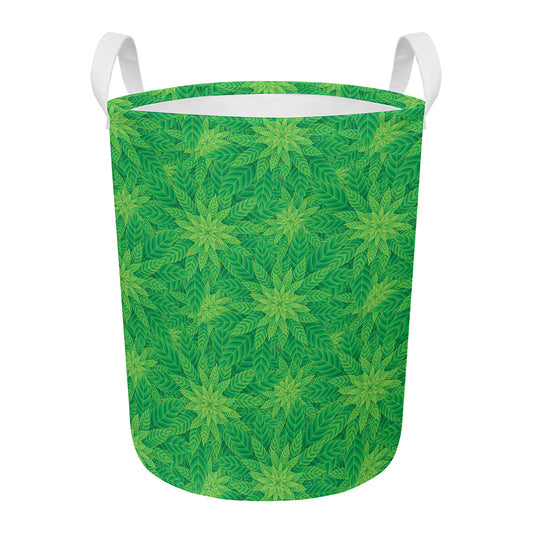 Green Cannabis Leaf Pattern Print Round Laundry Basket