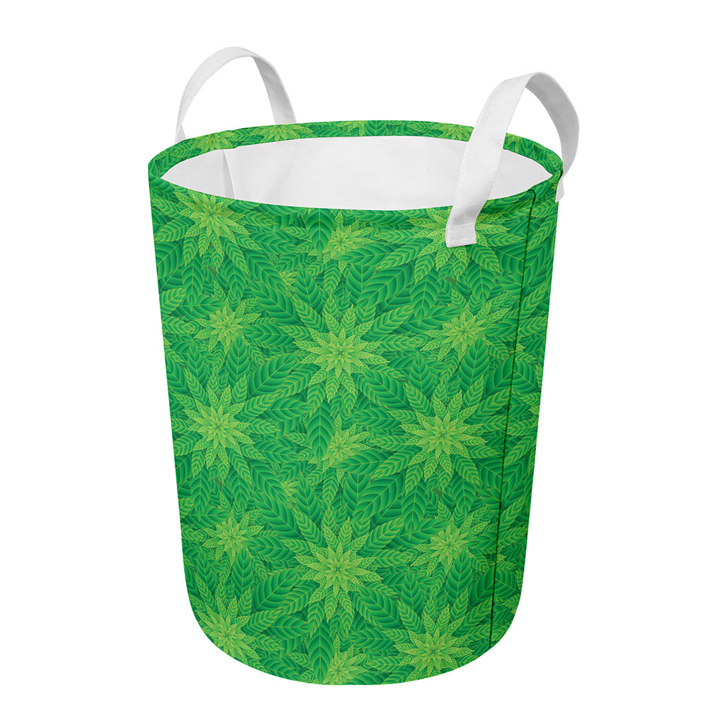 Green Cannabis Leaf Pattern Print Round Laundry Basket