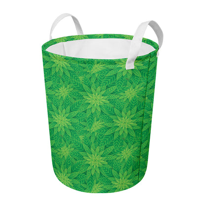 Green Cannabis Leaf Pattern Print Round Laundry Basket