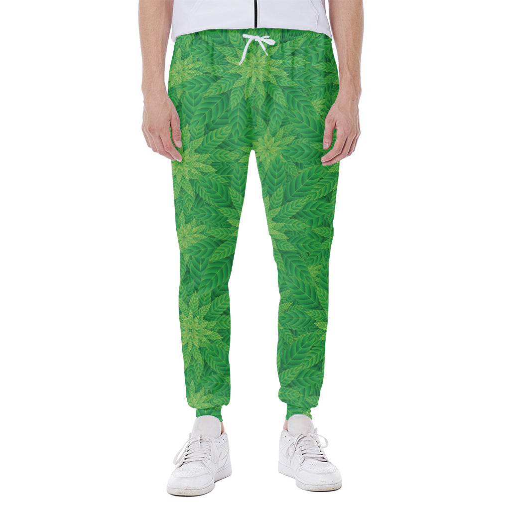 Green Cannabis Leaf Pattern Print Scuba Joggers