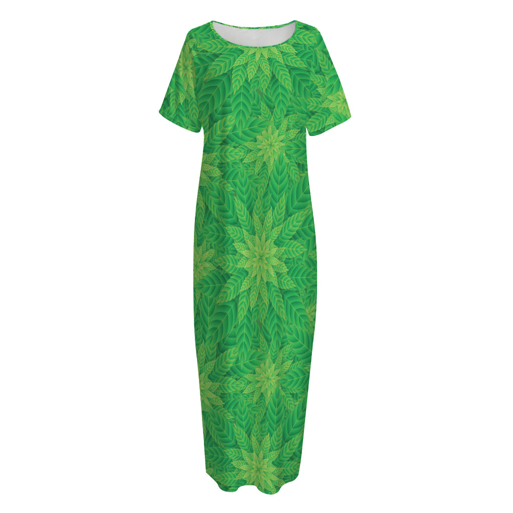 Green Cannabis Leaf Pattern Print Short Sleeve Long Nightdress