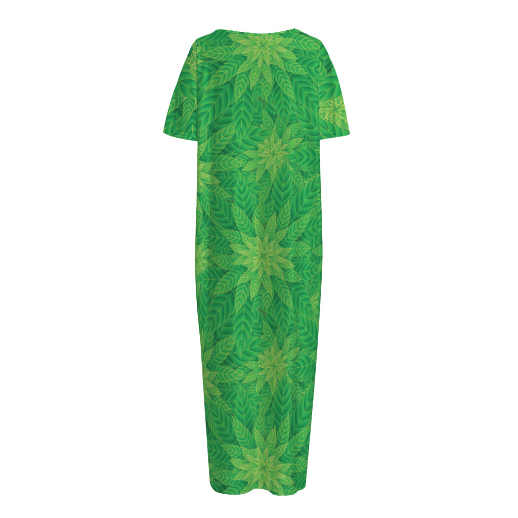 Green Cannabis Leaf Pattern Print Short Sleeve Long Nightdress