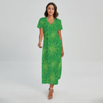 Green Cannabis Leaf Pattern Print Short Sleeve Maxi Dress