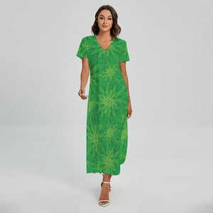 Green Cannabis Leaf Pattern Print Short Sleeve Maxi Dress