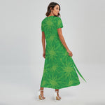 Green Cannabis Leaf Pattern Print Short Sleeve Maxi Dress