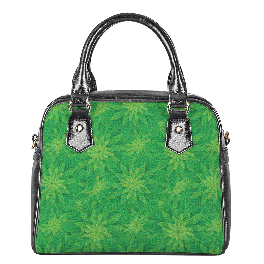 Green Cannabis Leaf Pattern Print Shoulder Handbag