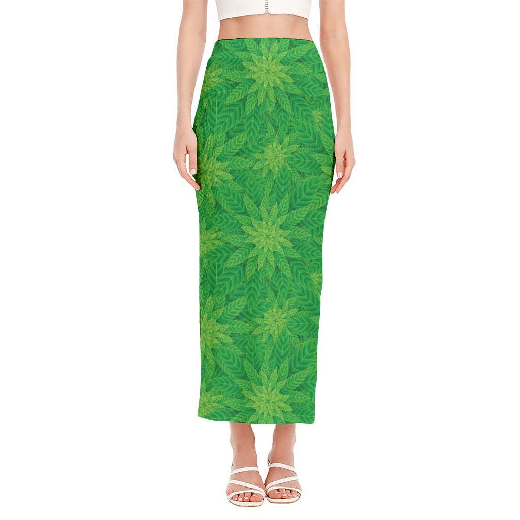 Green Cannabis Leaf Pattern Print Side Slit Maxi Skirt