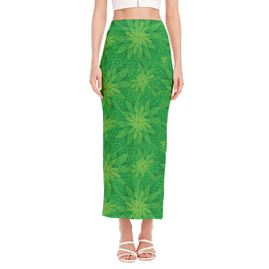 Green Cannabis Leaf Pattern Print Side Slit Maxi Skirt