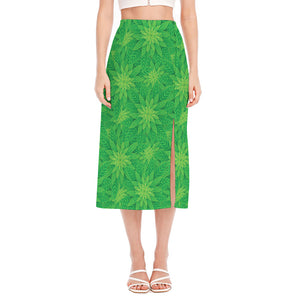 Green Cannabis Leaf Pattern Print Side Slit Midi Skirt