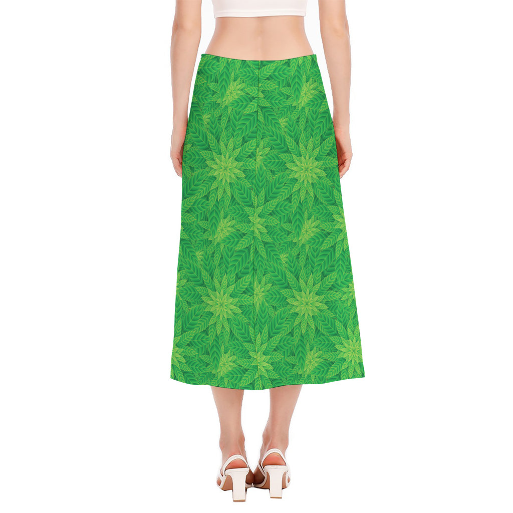 Green Cannabis Leaf Pattern Print Side Slit Midi Skirt